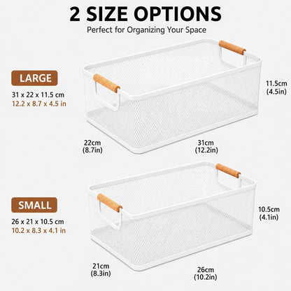 Potato and Onion Storage Baskets with Wood Handles, 2-Set Metal Mesh Bin for Kitchen, Pantry, Countertop, Ventilated Organizer for Vegetables Fruits, Black