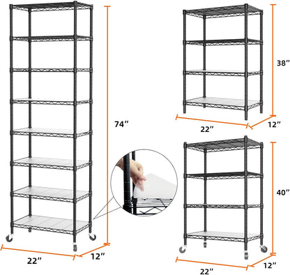 8 Shelves Storage Wire Shelf Closet Metal Shelving Pantry Wheels