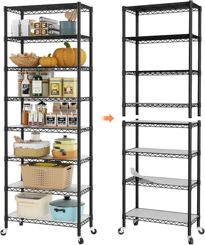 8 Shelves Storage Wire Shelf Closet Metal Shelving Pantry Wheels