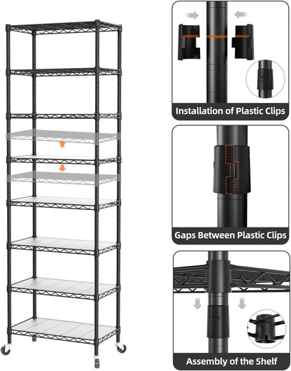 8 Shelves Storage Wire Shelf Closet Metal Shelving Pantry Wheels