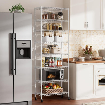 8 Shelves Storage Wire Shelf Closet Metal Shelving Pantry Wheels
