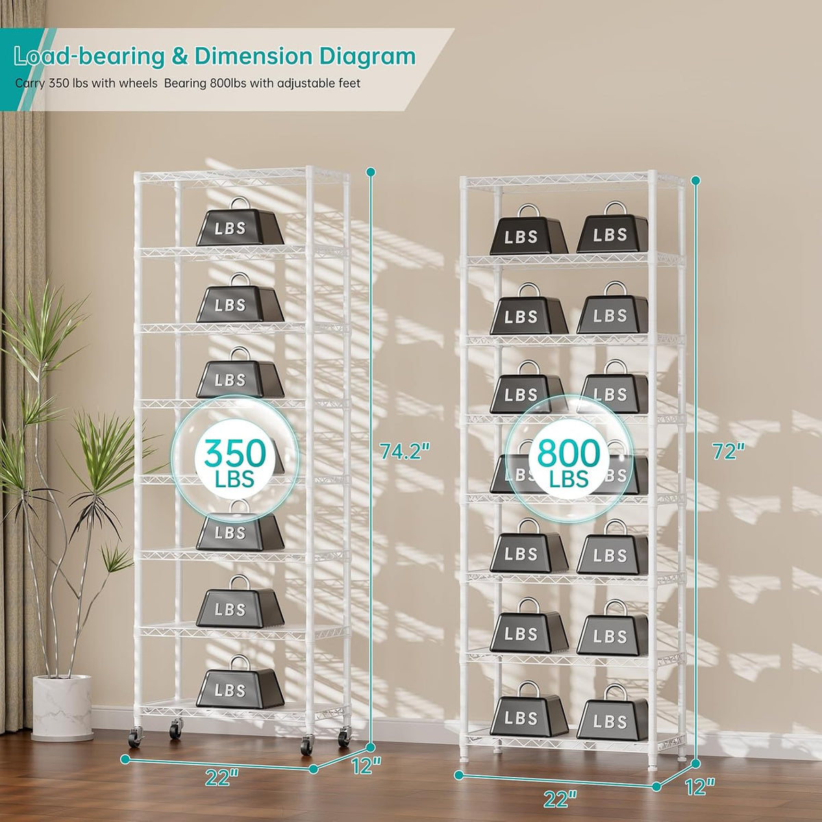 8 Shelves Storage Wire Shelf Closet Metal Shelving Pantry Wheels