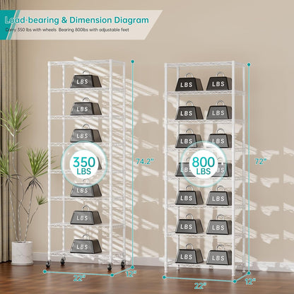 8 Shelves Storage Wire Shelf Closet Metal Shelving Pantry Wheels