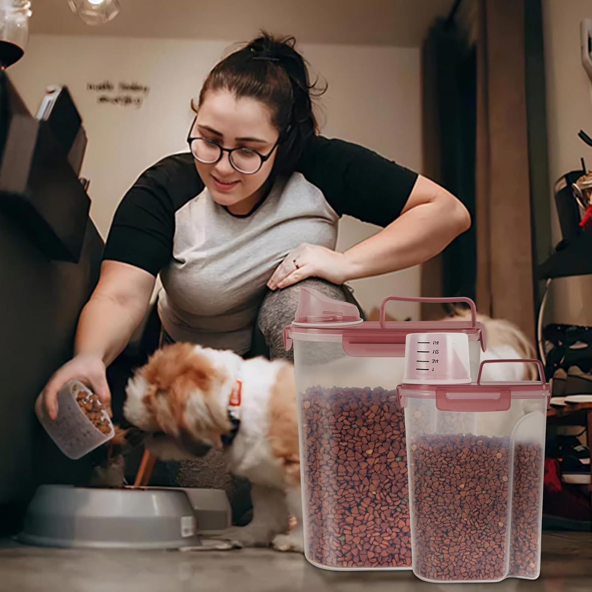 5-7Lbs Dog Cat Food Storage Container with Upgraded Large Nozzle BPA-free, 4 Snap Seals Plastic Pet Food Storage Containers with Handles are Easy to Clean and Carry