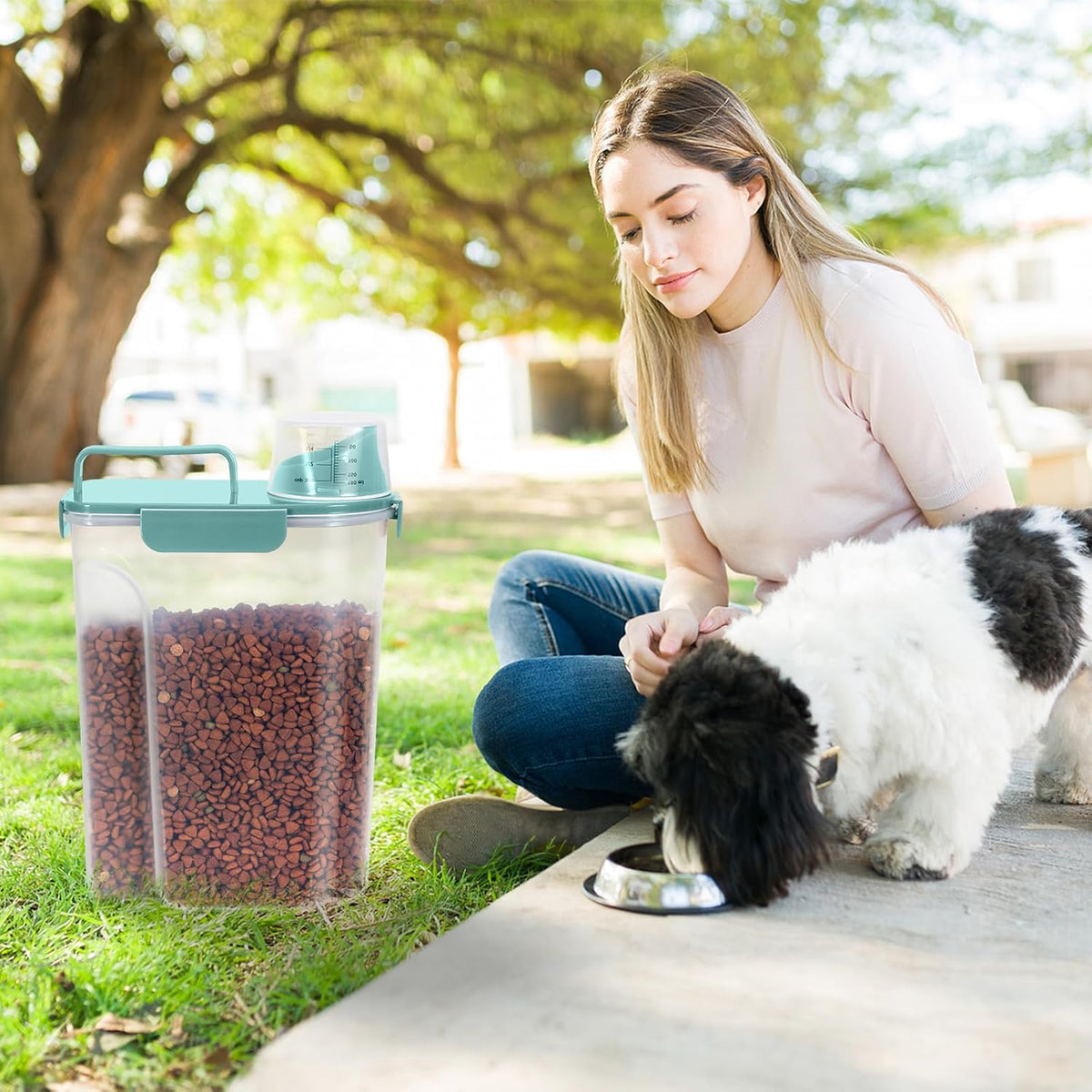 5-7Lbs Dog Cat Food Storage Container with Upgraded Large Nozzle BPA-free, 4 Snap Seals Plastic Pet Food Storage Containers with Handles are Easy to Clean and Carry