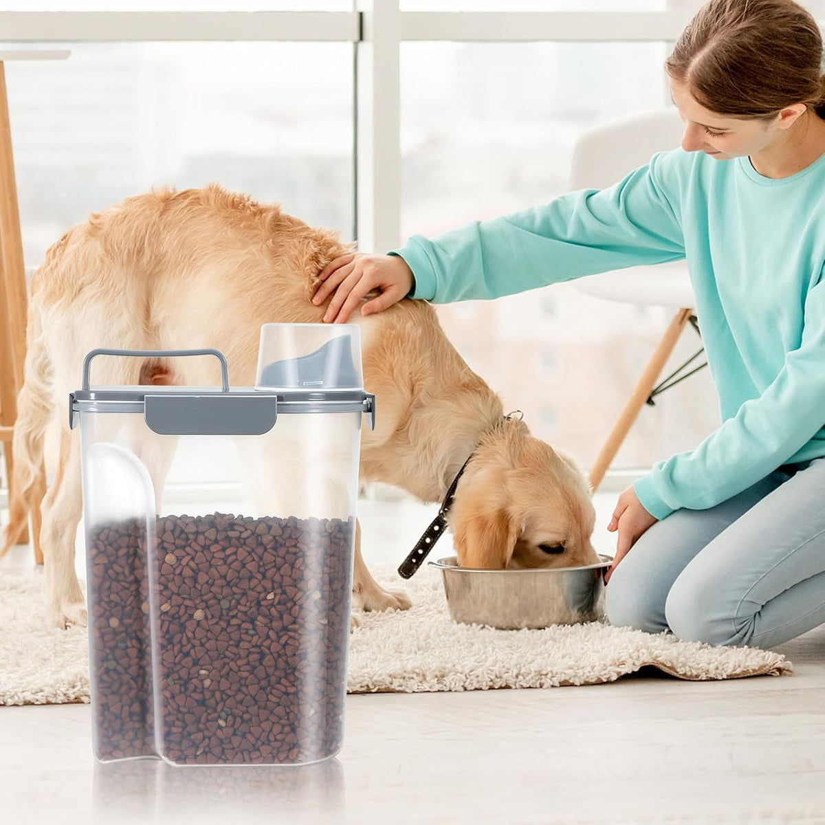 5-7Lbs Dog Cat Food Storage Container with Upgraded Large Nozzle BPA-free, 4 Snap Seals Plastic Pet Food Storage Containers with Handles are Easy to Clean and Carry