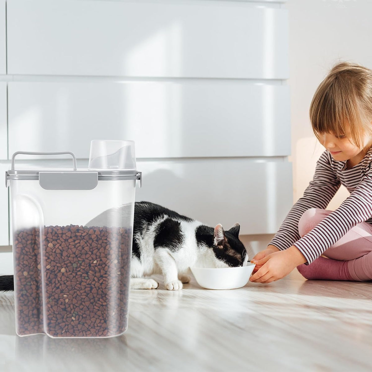 5-7Lbs Dog Cat Food Storage Container with Upgraded Large Nozzle BPA-free, 4 Snap Seals Plastic Pet Food Storage Containers with Handles are Easy to Clean and Carry