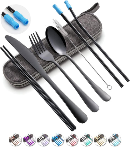 Travel Utensils Set with Case Reusable Portable Cutlery Set Stainless Steel 8pcs Including Dinner Knife Fork Spoon Chopsticks Straws(Silver)
