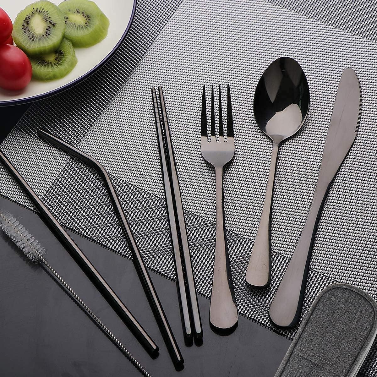 Travel Utensils Set with Case Reusable Portable Cutlery Set Stainless Steel 8pcs Including Dinner Knife Fork Spoon Chopsticks Straws(Silver)