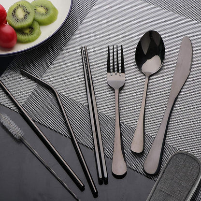 Travel Utensils Set with Case Reusable Portable Cutlery Set Stainless Steel 8pcs Including Dinner Knife Fork Spoon Chopsticks Straws(Silver)