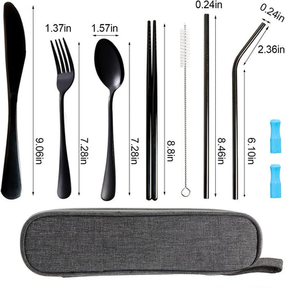 Travel Utensils Set with Case Reusable Portable Cutlery Set Stainless Steel 8pcs Including Dinner Knife Fork Spoon Chopsticks Straws(Silver)