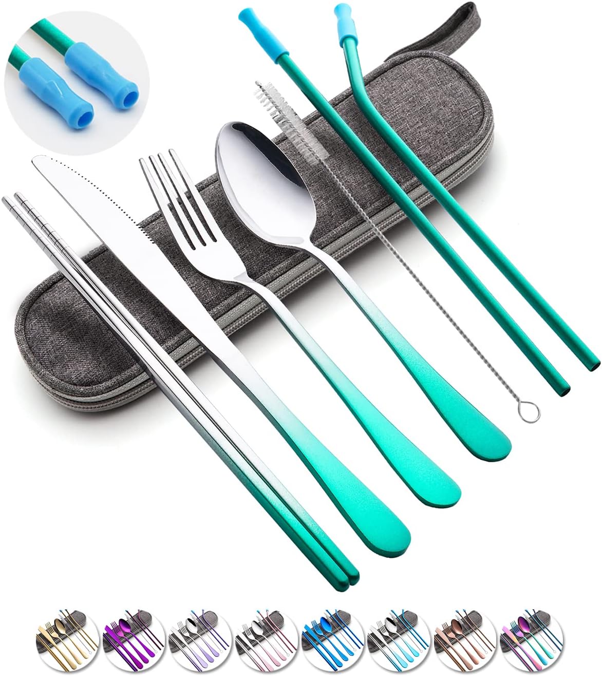 Travel Utensils Set with Case Reusable Portable Cutlery Set Stainless Steel 8pcs Including Dinner Knife Fork Spoon Chopsticks Straws(Silver)