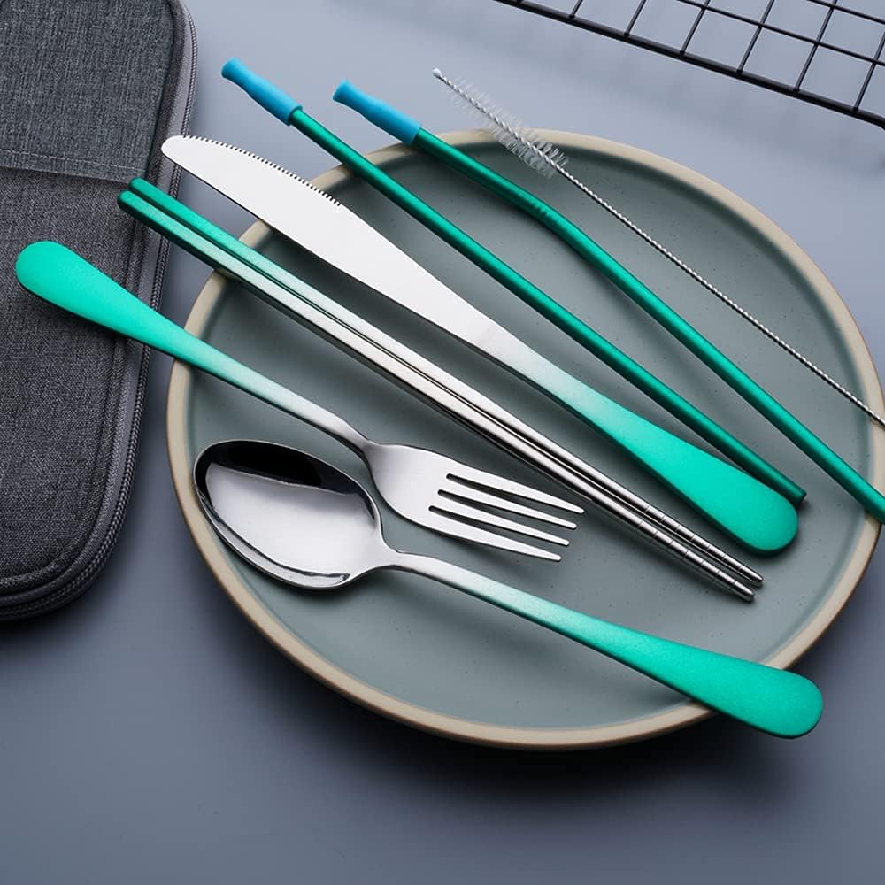 Travel Utensils Set with Case Reusable Portable Cutlery Set Stainless Steel 8pcs Including Dinner Knife Fork Spoon Chopsticks Straws(Silver)