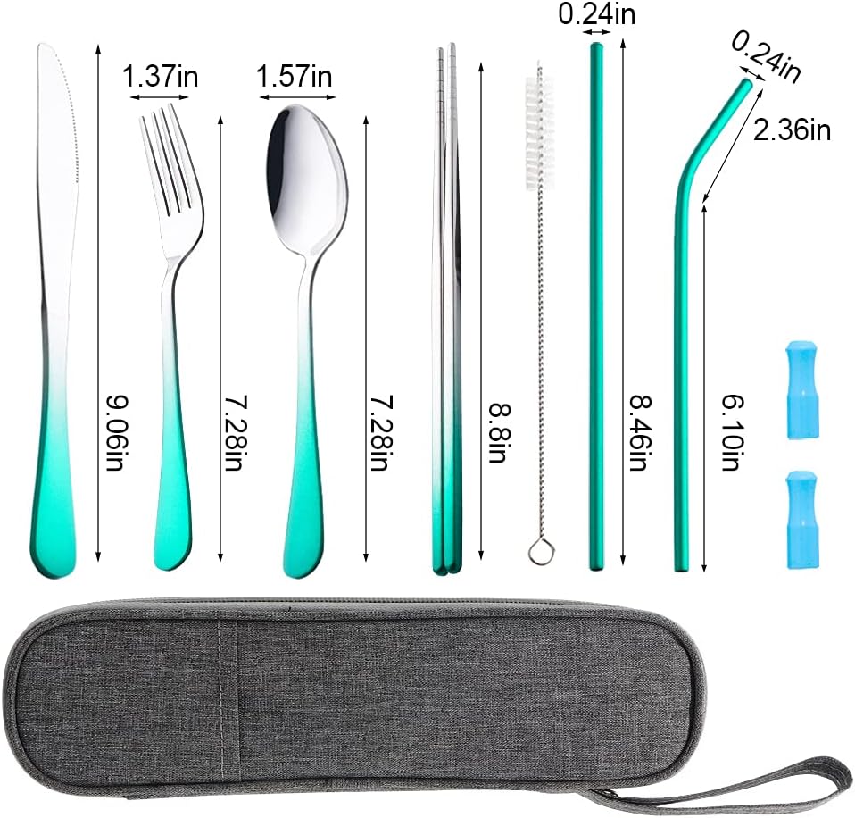 Travel Utensils Set with Case Reusable Portable Cutlery Set Stainless Steel 8pcs Including Dinner Knife Fork Spoon Chopsticks Straws(Silver)