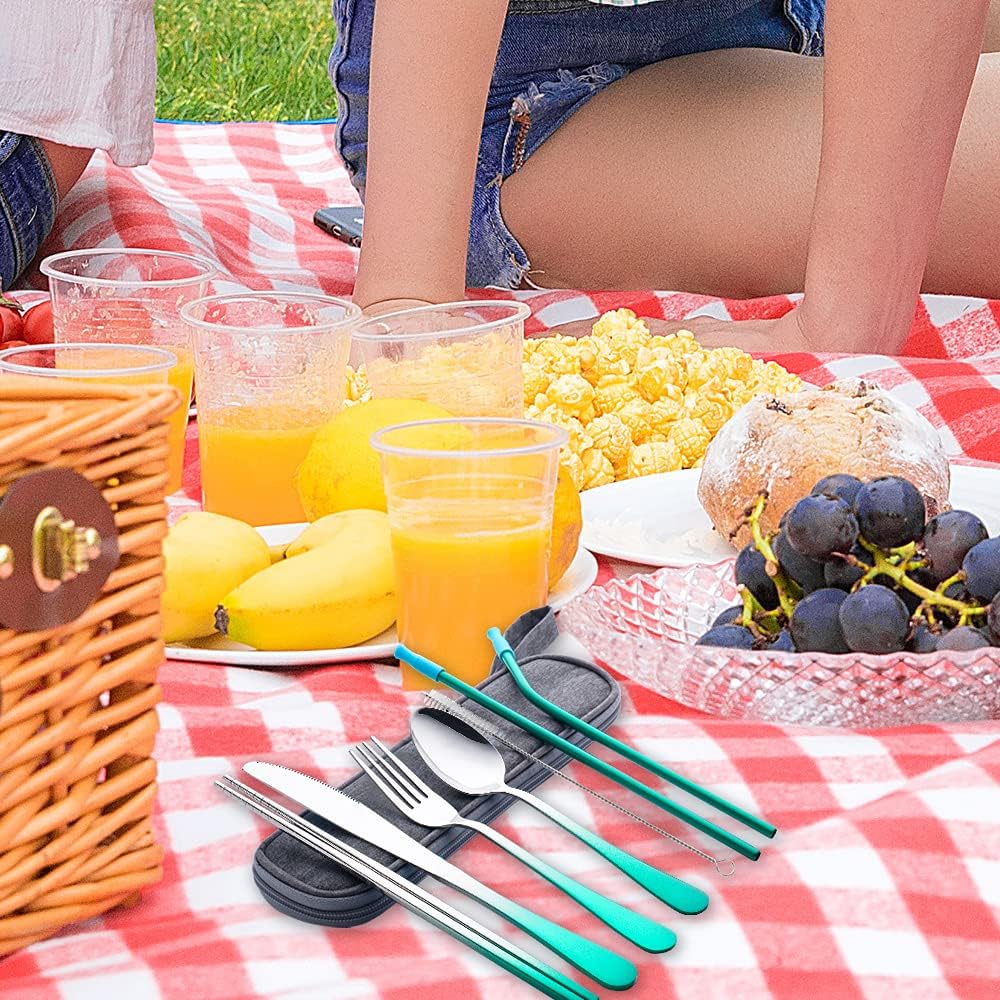 Travel Utensils Set with Case Reusable Portable Cutlery Set Stainless Steel 8pcs Including Dinner Knife Fork Spoon Chopsticks Straws(Silver)
