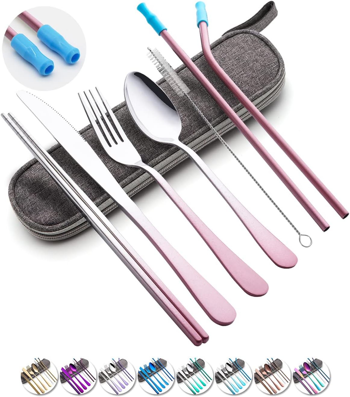 Travel Utensils Set with Case Reusable Portable Cutlery Set Stainless Steel 8pcs Including Dinner Knife Fork Spoon Chopsticks Straws(Silver)