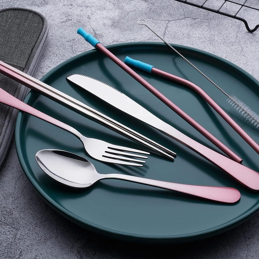 Travel Utensils Set with Case Reusable Portable Cutlery Set Stainless Steel 8pcs Including Dinner Knife Fork Spoon Chopsticks Straws(Silver)