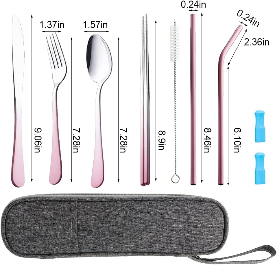 Travel Utensils Set with Case Reusable Portable Cutlery Set Stainless Steel 8pcs Including Dinner Knife Fork Spoon Chopsticks Straws(Silver)