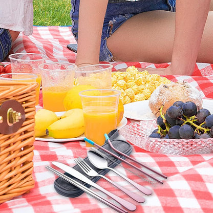 Travel Utensils Set with Case Reusable Portable Cutlery Set Stainless Steel 8pcs Including Dinner Knife Fork Spoon Chopsticks Straws(Silver)
