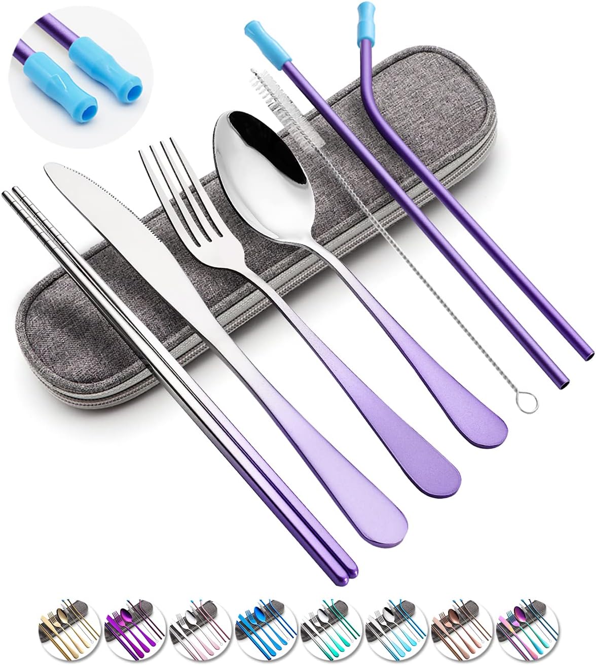Travel Utensils Set with Case Reusable Portable Cutlery Set Stainless Steel 8pcs Including Dinner Knife Fork Spoon Chopsticks Straws(Silver)