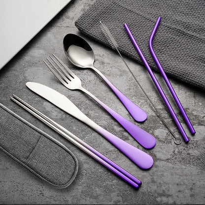 Travel Utensils Set with Case Reusable Portable Cutlery Set Stainless Steel 8pcs Including Dinner Knife Fork Spoon Chopsticks Straws(Silver)