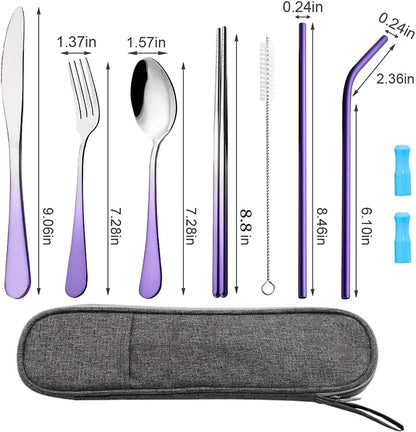 Travel Utensils Set with Case Reusable Portable Cutlery Set Stainless Steel 8pcs Including Dinner Knife Fork Spoon Chopsticks Straws(Silver)