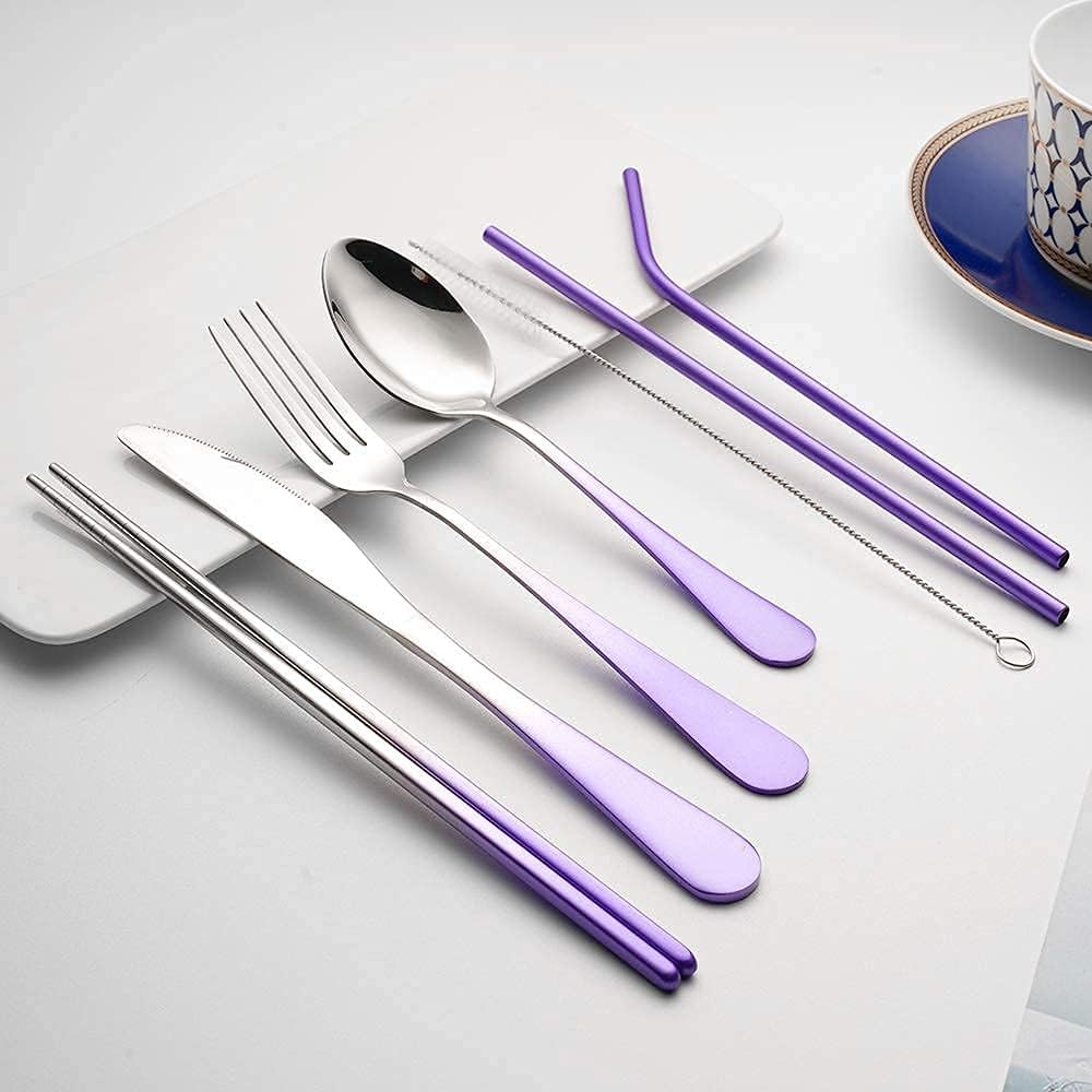 Travel Utensils Set with Case Reusable Portable Cutlery Set Stainless Steel 8pcs Including Dinner Knife Fork Spoon Chopsticks Straws(Silver)