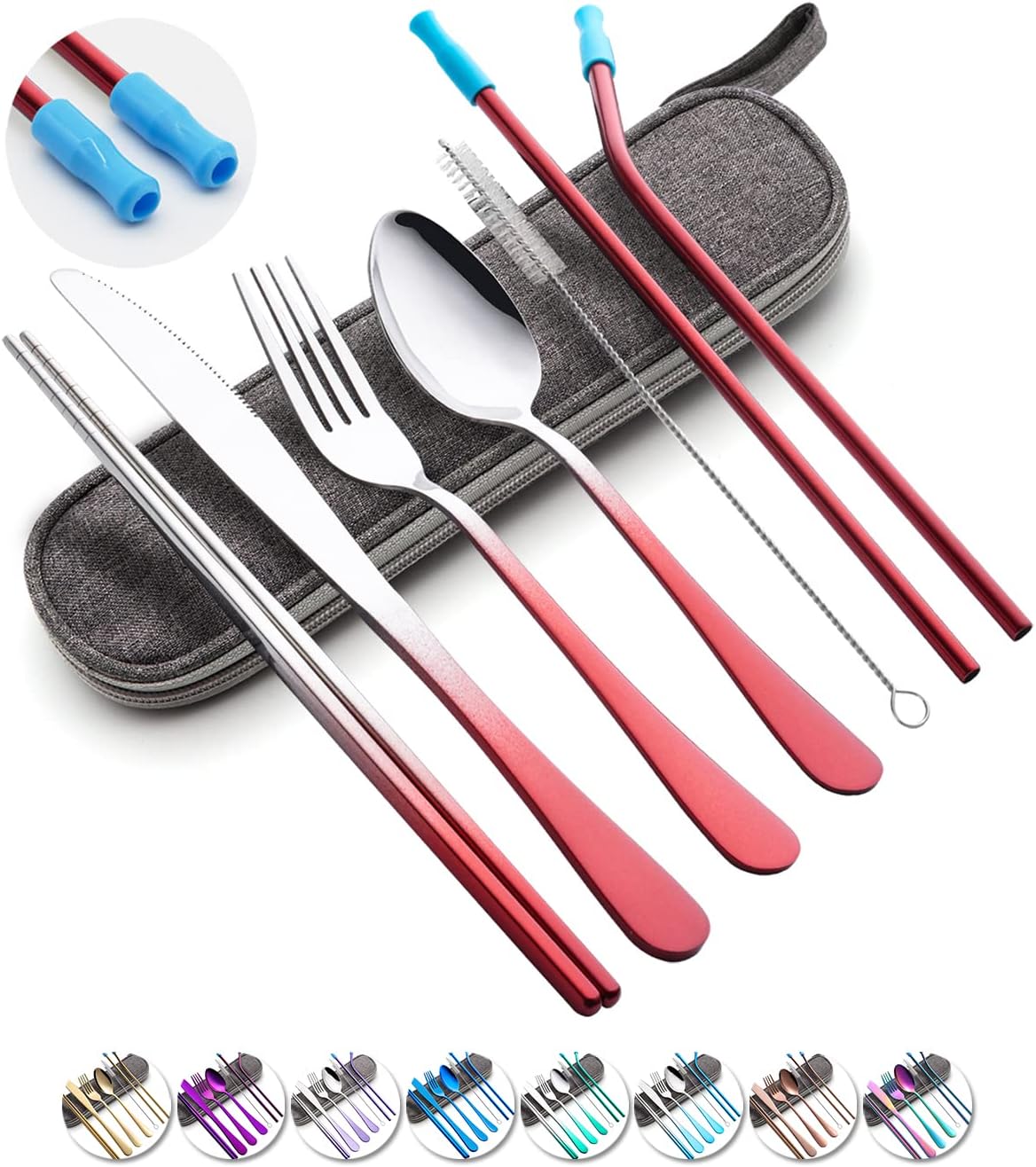 Travel Utensils Set with Case Reusable Portable Cutlery Set Stainless Steel 8pcs Including Dinner Knife Fork Spoon Chopsticks Straws(Silver)