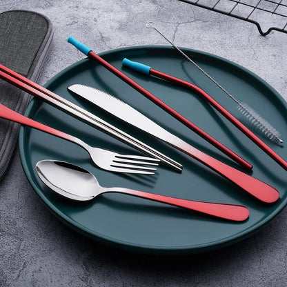 Travel Utensils Set with Case Reusable Portable Cutlery Set Stainless Steel 8pcs Including Dinner Knife Fork Spoon Chopsticks Straws(Silver)