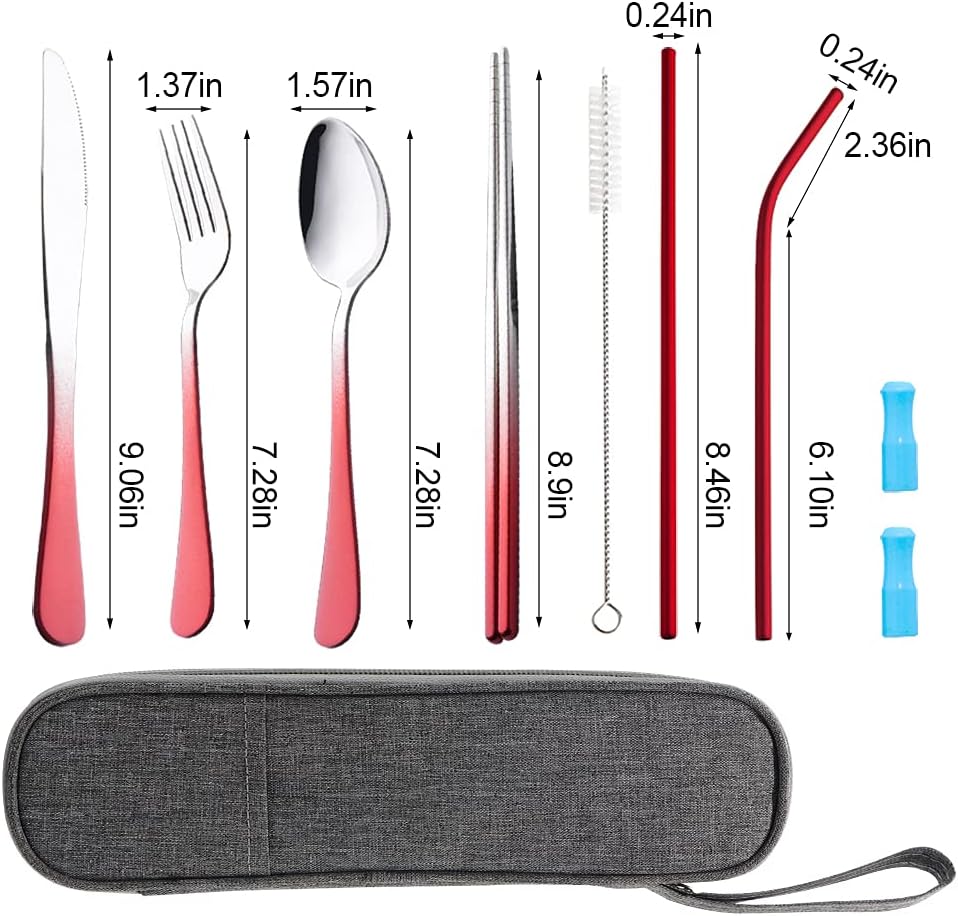 Travel Utensils Set with Case Reusable Portable Cutlery Set Stainless Steel 8pcs Including Dinner Knife Fork Spoon Chopsticks Straws(Silver)