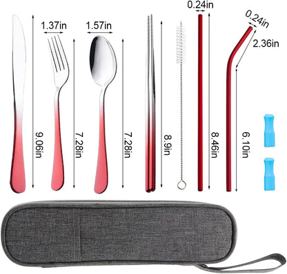 Travel Utensils Set with Case Reusable Portable Cutlery Set Stainless Steel 8pcs Including Dinner Knife Fork Spoon Chopsticks Straws(Silver)