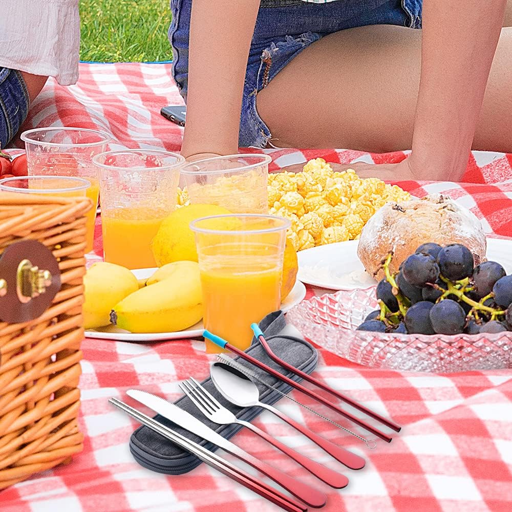 Travel Utensils Set with Case Reusable Portable Cutlery Set Stainless Steel 8pcs Including Dinner Knife Fork Spoon Chopsticks Straws(Silver)