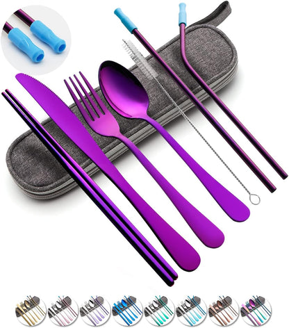 Travel Utensils Set with Case Reusable Portable Cutlery Set Stainless Steel 8pcs Including Dinner Knife Fork Spoon Chopsticks Straws(Silver)
