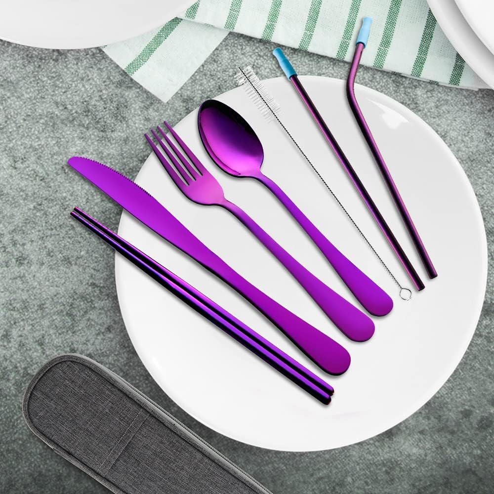 Travel Utensils Set with Case Reusable Portable Cutlery Set Stainless Steel 8pcs Including Dinner Knife Fork Spoon Chopsticks Straws(Silver)