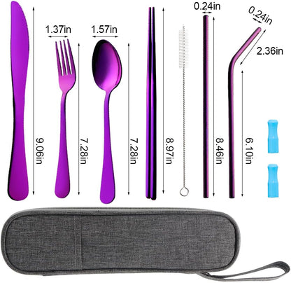 Travel Utensils Set with Case Reusable Portable Cutlery Set Stainless Steel 8pcs Including Dinner Knife Fork Spoon Chopsticks Straws(Silver)