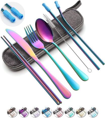Travel Utensils Set with Case Reusable Portable Cutlery Set Stainless Steel 8pcs Including Dinner Knife Fork Spoon Chopsticks Straws(Silver)