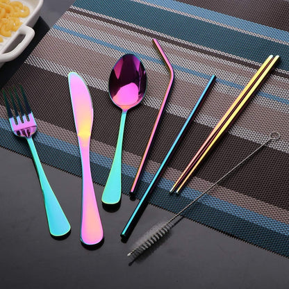 Travel Utensils Set with Case Reusable Portable Cutlery Set Stainless Steel 8pcs Including Dinner Knife Fork Spoon Chopsticks Straws(Silver)