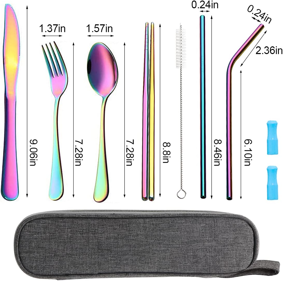 Travel Utensils Set with Case Reusable Portable Cutlery Set Stainless Steel 8pcs Including Dinner Knife Fork Spoon Chopsticks Straws(Silver)