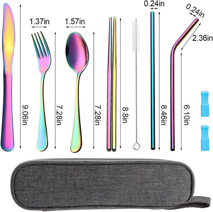 Travel Utensils Set with Case Reusable Portable Cutlery Set Stainless Steel 8pcs Including Dinner Knife Fork Spoon Chopsticks Straws(Silver)