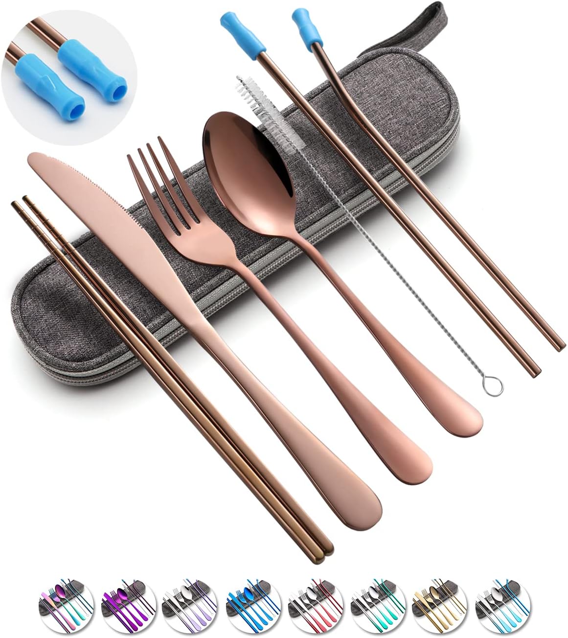 Travel Utensils Set with Case Reusable Portable Cutlery Set Stainless Steel 8pcs Including Dinner Knife Fork Spoon Chopsticks Straws(Silver)