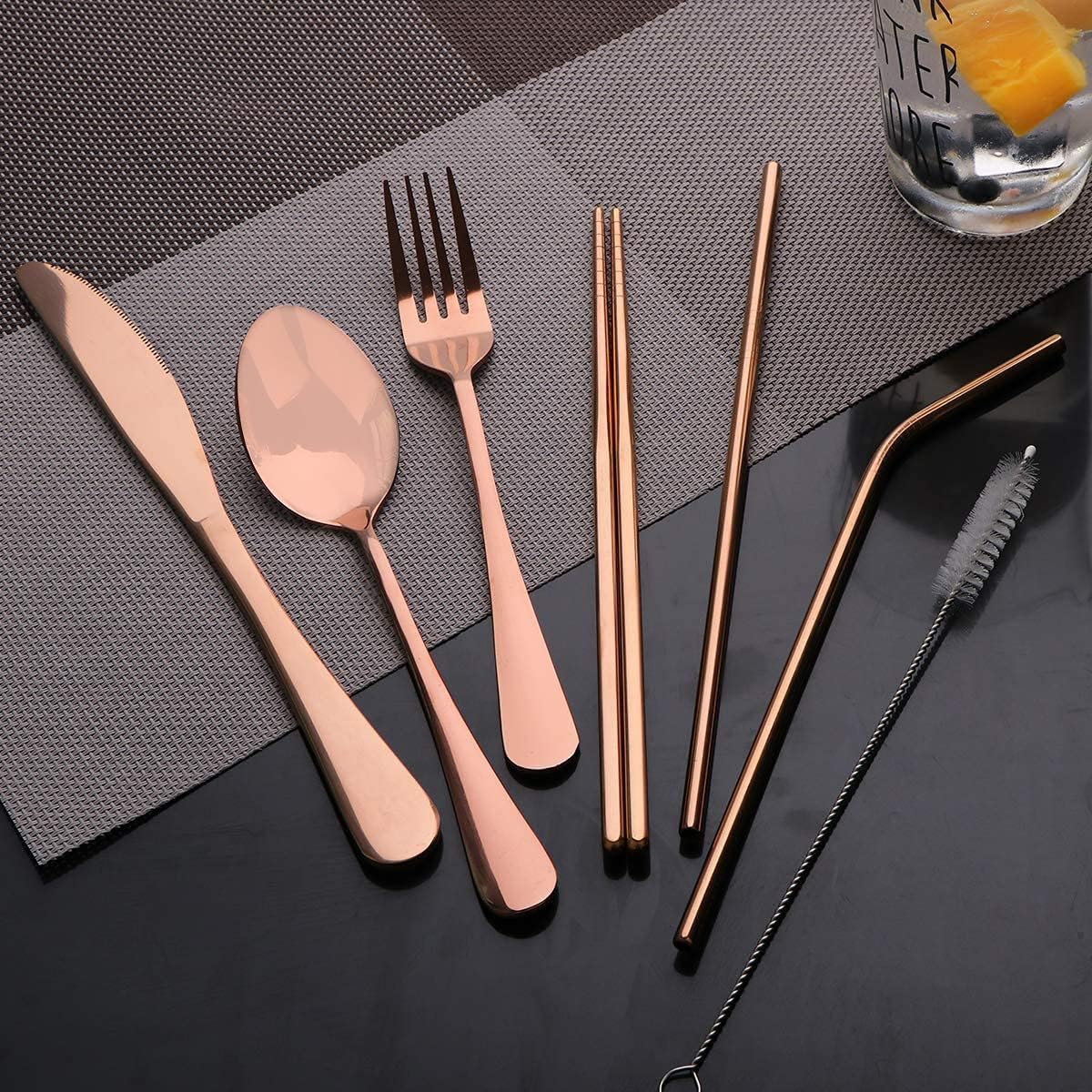 Travel Utensils Set with Case Reusable Portable Cutlery Set Stainless Steel 8pcs Including Dinner Knife Fork Spoon Chopsticks Straws(Silver)