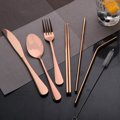 Travel Utensils Set with Case Reusable Portable Cutlery Set Stainless Steel 8pcs Including Dinner Knife Fork Spoon Chopsticks Straws(Silver)