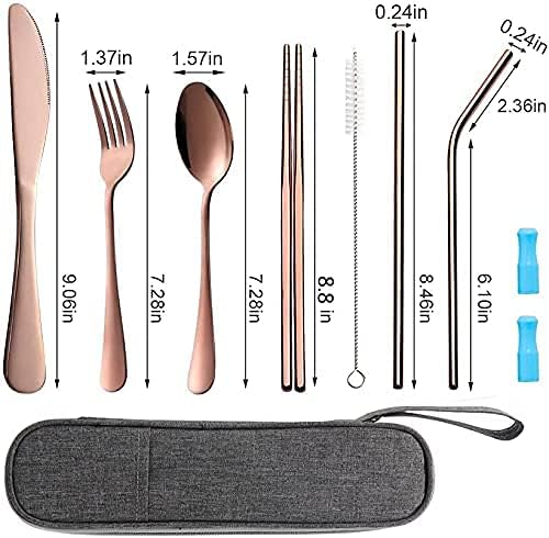 Travel Utensils Set with Case Reusable Portable Cutlery Set Stainless Steel 8pcs Including Dinner Knife Fork Spoon Chopsticks Straws(Silver)