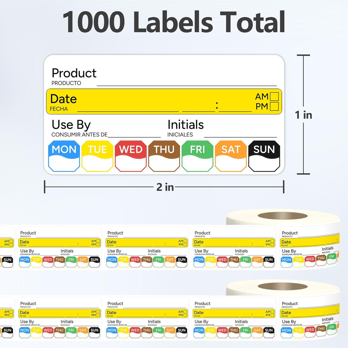 2 Rolls 1000 Pcs 1 X 2 inch Removable Food Date Sticker Labels, Easy to Write for Freezer, Refrigerator Food Containers Date Sticker, Leftover Labels (Blue-Red-US)