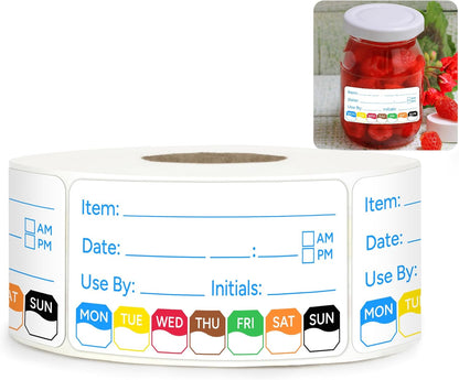 2 Rolls 1000 Pcs 1 X 2 inch Removable Food Date Sticker Labels, Easy to Write for Freezer, Refrigerator Food Containers Date Sticker, Leftover Labels (Blue-Red-US)
