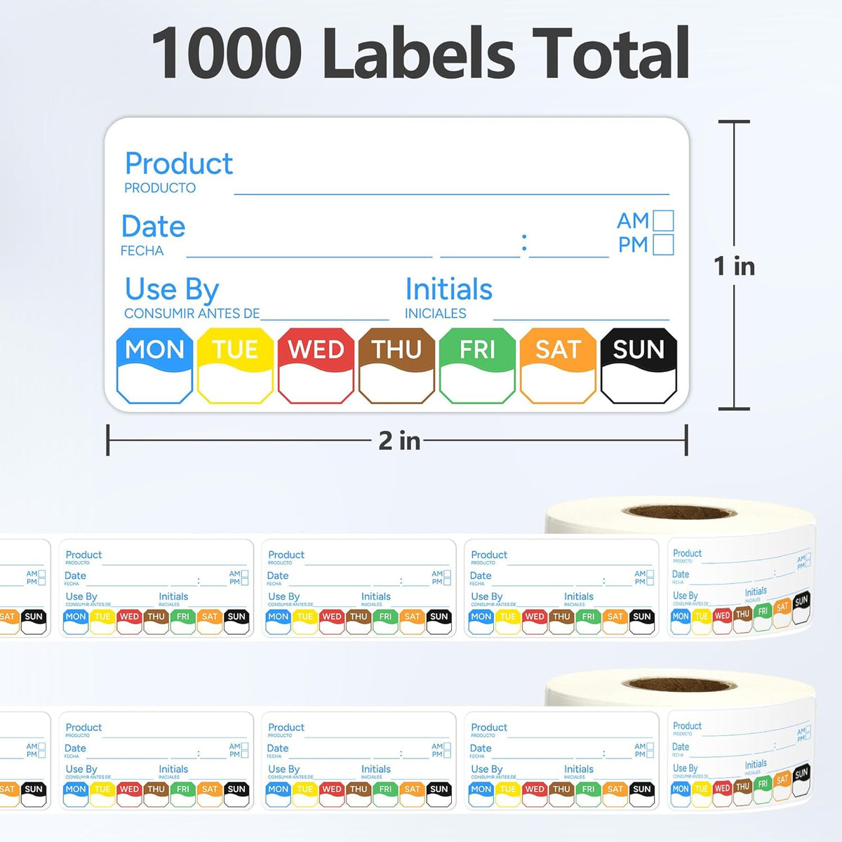2 Rolls 1000 Pcs 1 X 2 inch Removable Food Date Sticker Labels, Easy to Write for Freezer, Refrigerator Food Containers Date Sticker, Leftover Labels (Blue-Red-US)