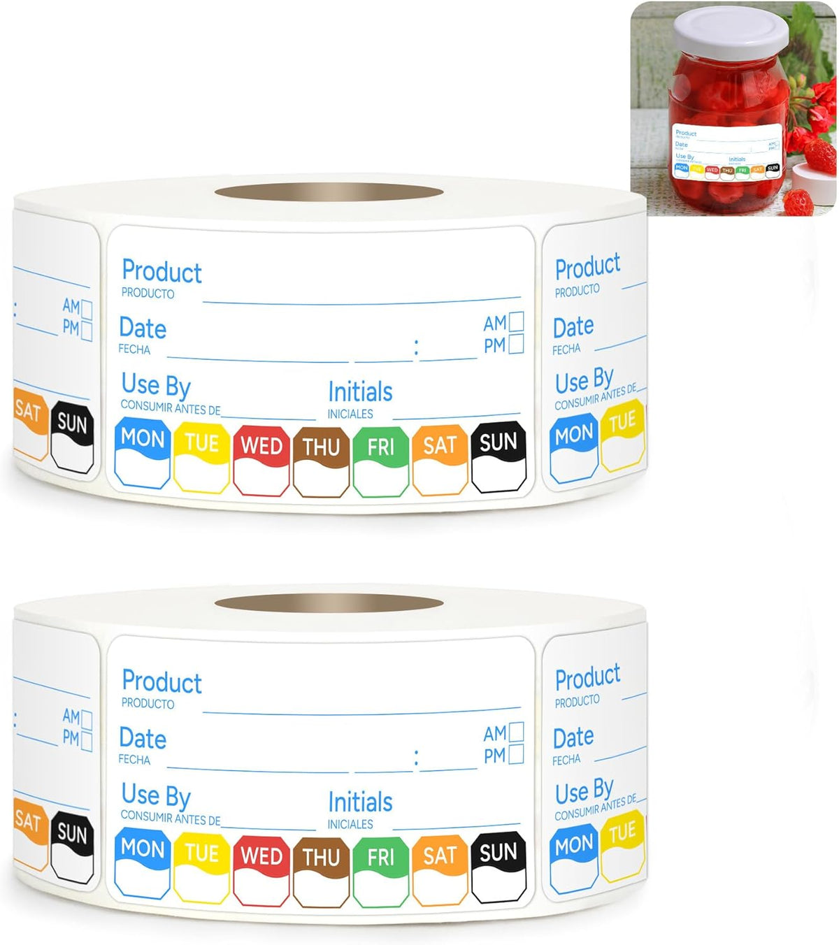 2 Rolls 1000 Pcs 1 X 2 inch Removable Food Date Sticker Labels, Easy to Write for Freezer, Refrigerator Food Containers Date Sticker, Leftover Labels (Blue-Red-US)