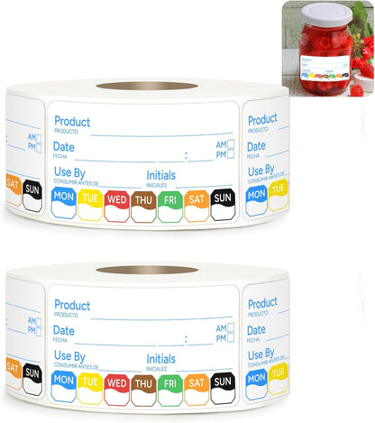 2 Rolls 1000 Pcs 1 X 2 inch Removable Food Date Sticker Labels, Easy to Write for Freezer, Refrigerator Food Containers Date Sticker, Leftover Labels (Blue-Red-US)