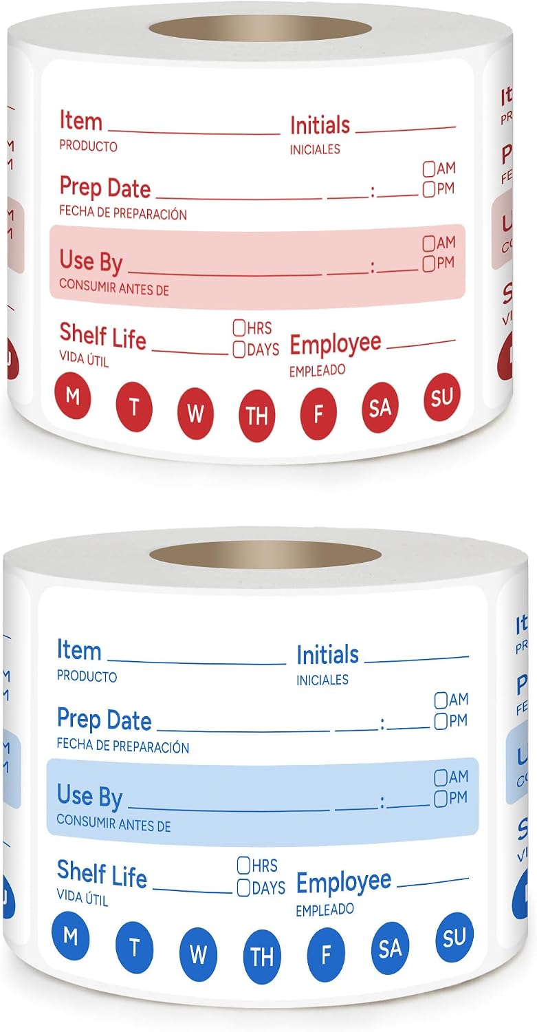 2 Rolls 1000 Pcs 1 X 2 inch Removable Food Date Sticker Labels, Easy to Write for Freezer, Refrigerator Food Containers Date Sticker, Leftover Labels (Blue-Red-US)