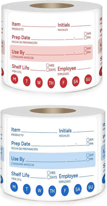 2 Rolls 1000 Pcs 1 X 2 inch Removable Food Date Sticker Labels, Easy to Write for Freezer, Refrigerator Food Containers Date Sticker, Leftover Labels (Blue-Red-US)